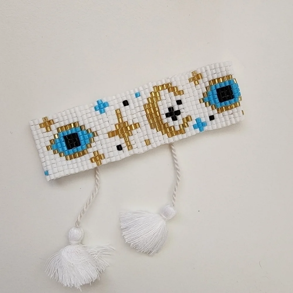 NWT Evil Eye Accented Beaded Tassel Pull Tie Cinch Bracelet